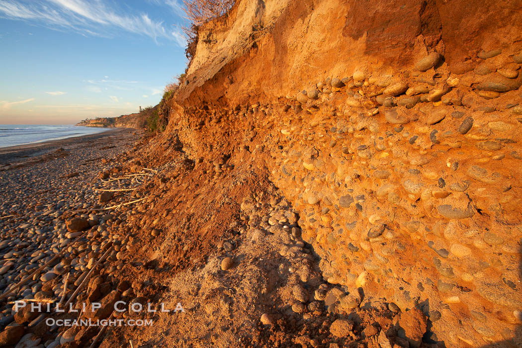 Beach cliffs made of soft clay continually erode, adding fresh sand and cobble stones to the beach.  The sand will flow away with ocean currents, leading for further erosion of the cliffs., natural history stock photograph, photo id 22188