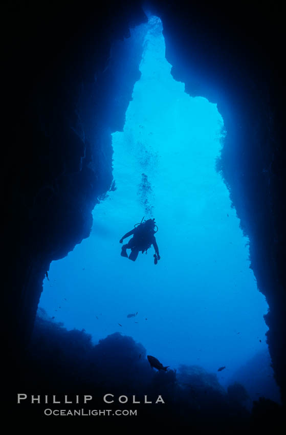 El Secreto del Vicki cavern. Vicki's Secret, a huge underwater cave on the southwest side of Guadalupe Island, few if any other SCUBA divers have seen this cave much less know of its existence.  Shown here is Vicki Beaver one of the first divers ever to explore the cave. Guadalupe Island (Isla Guadalupe), Baja California, Mexico, natural history stock photograph, photo id 06191