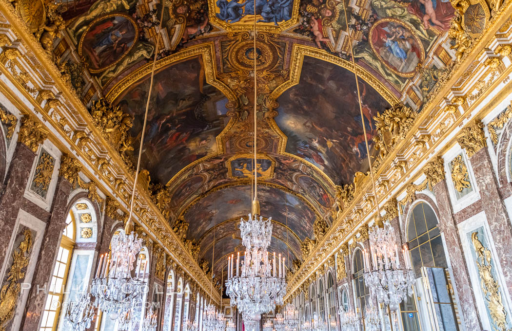 The Hall of Mirrors, or Galerie des Glaces, is the central gallery of the Palace of Versailles and is renowned as being one of the most famous rooms in the world. Chateau de Versailles, Paris, France, natural history stock photograph, photo id 35668