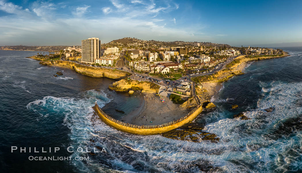 Childrens Pool seawall and Casa Cove aerial photo, La Jolla, California. Sunset. Aerial panoramic photograph. USA, natural history stock photograph, photo id 38037