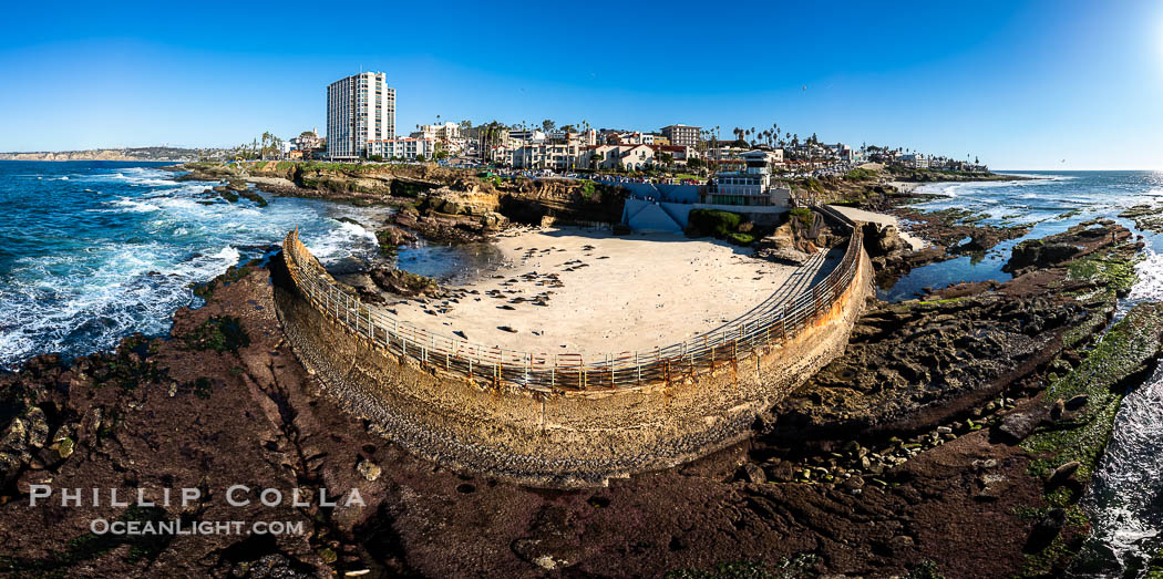 Childrens Pool Reef Exposed at Extreme Low Tide, Casa Cove, La Jolla, California. Aerial panoramic photograph. USA, natural history stock photograph, photo id 40235
