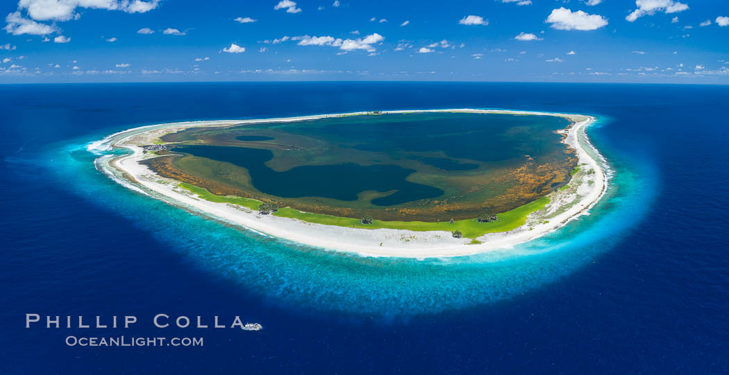 Aerial panorama of Clipperton Island, showing the entire atoll.  Clipperton Island, a minor territory of France also known as Ile de la Passion, is a small (2.3 sq mi) but  spectacular coral atoll in the eastern Pacific. By permit HC / 1485 / CAB (France)., natural history stock photograph, photo id 32889
