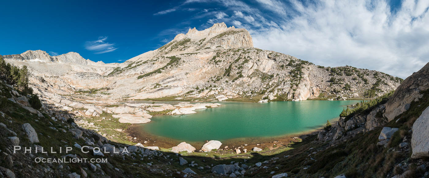 North Peak (12242', center), Mount Conness (left, 12589') and Conness Lake with its green glacial meltwater, Hoover Wilderness. Conness Lakes Basin, California, USA, natural history stock photograph, photo id 31060