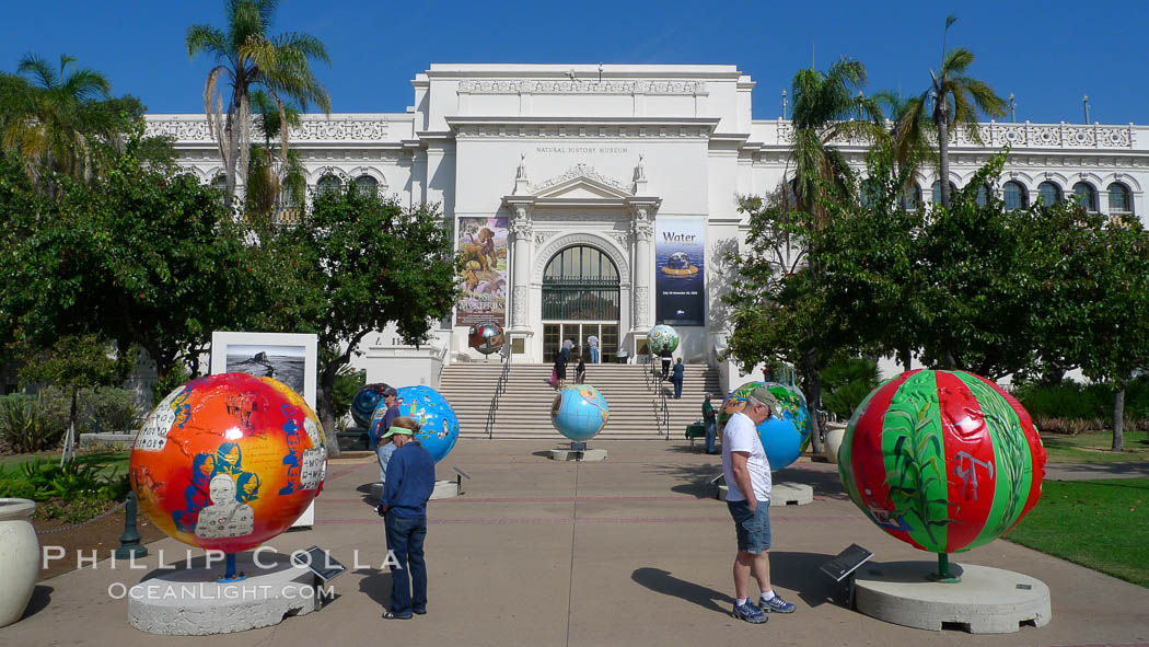 Cool Globes San Diego, an exhibit outside of the Natural History Museum at Balboa Park, San Diego.  Cool Globes is an educational exhibit that features 40 sculpted globes, each custom-designed by artists to showcase solutions to reduce global warming. California, USA, natural history stock photograph, photo id 21494