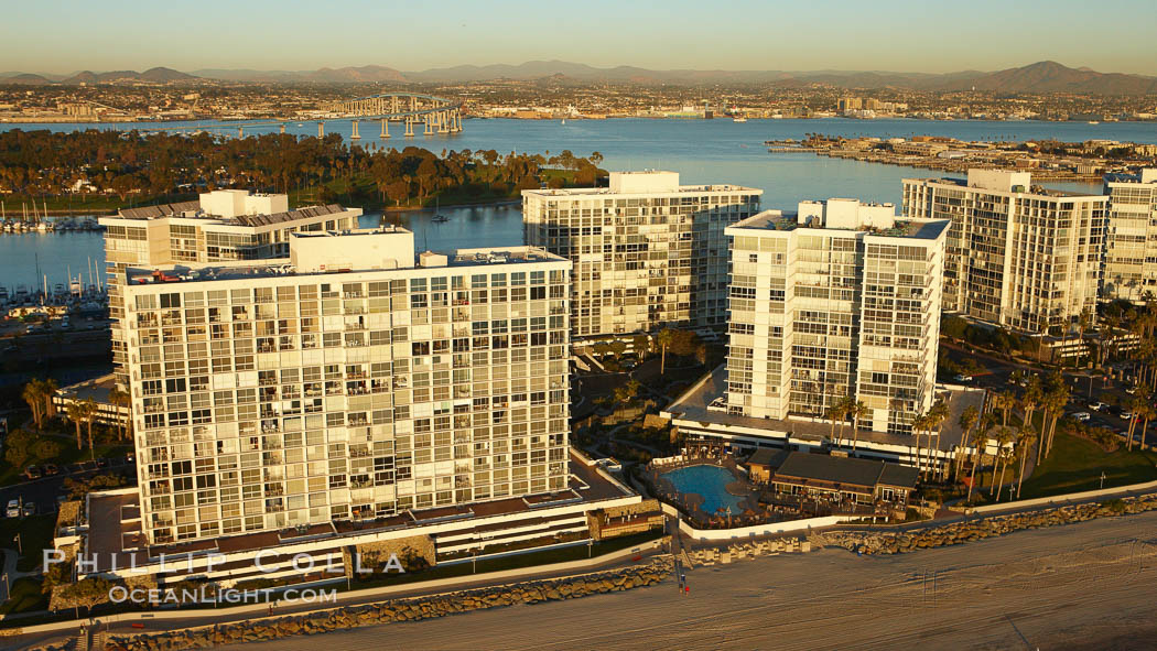 Coronado Shores, a group of 10 condominium buildings south of the Hotel Del, on the water on Coronado Island, San Diego, California