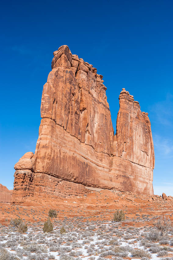 Courthouse Towers, narrow sandstone fins towering above the surrounding flatlands. Arches National Park, Utah, USA, natural history stock photograph, photo id 18195