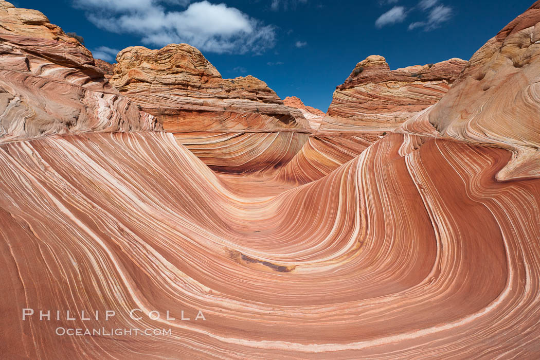 The Wave, an area of fantastic eroded sandstone featuring beautiful swirls, wild colors, countless striations, and bizarre shapes set amidst the dramatic surrounding North Coyote Buttes of Arizona and Utah.  The sandstone formations of the North Coyote Buttes, including the Wave, date from the Jurassic period. Managed by the Bureau of Land Management, the Wave is located in the Paria Canyon-Vermilion Cliffs Wilderness and is accessible on foot by permit only. USA, natural history stock photograph, photo id 20690