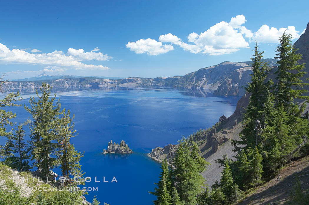 Crater Lake and Phantom Ship. Crater Lake is the six-mile wide lake inside the collapsed caldera of volcanic Mount Mazama. Crater Lake National Park, Oregon, USA, natural history stock photograph, photo id 13944
