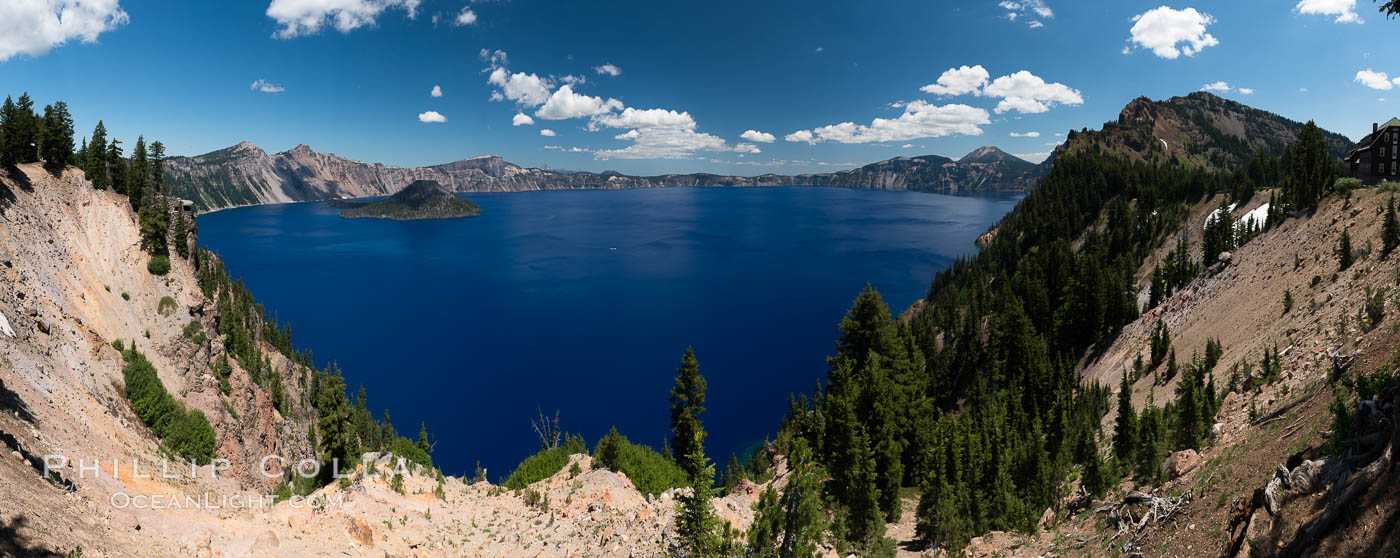 Crater Lake panoramic photograph.  Panorama picture of Crater Lake National Park. Oregon, USA, natural history stock photograph, photo id 28662