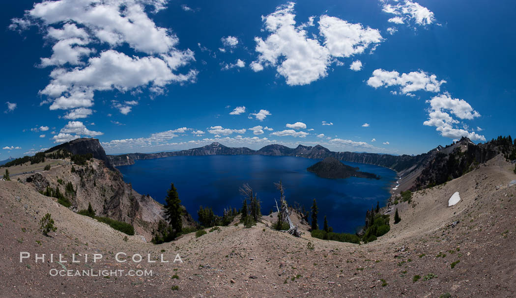 Crater Lake panoramic photograph.  Panorama picture of Crater Lake National Park. Oregon, USA, natural history stock photograph, photo id 28656