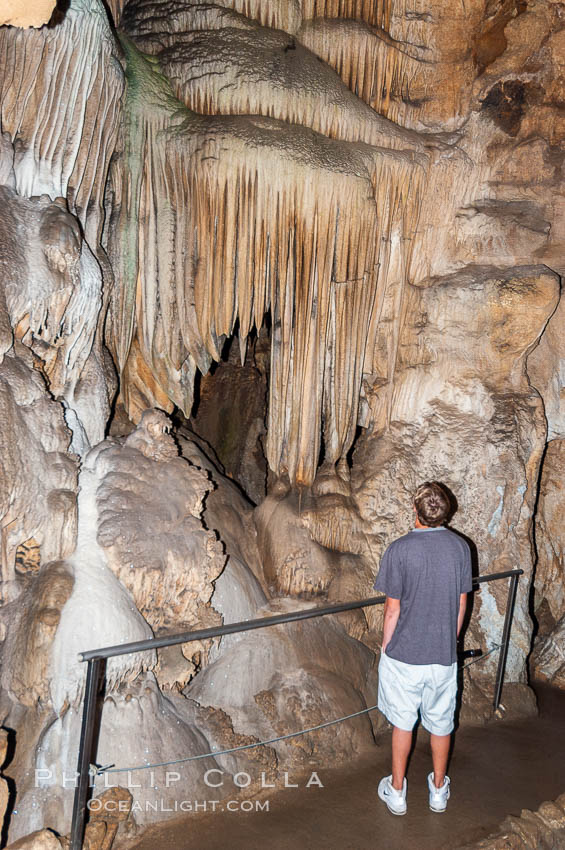 Visitors admire the Pipe Organ formation of calcite flowstone and cave curtains. Crystal Cave, Sequoia Kings Canyon National Park, California, USA, natural history stock photograph, photo id 09911