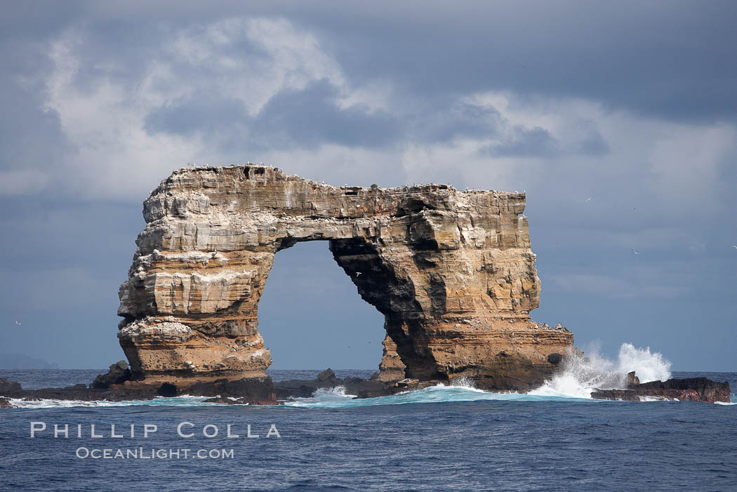 Darwins Arch, a dramatic 50-foot tall natural lava arch, rises above the ocean a short distance offshore of Darwin Island. Galapagos Islands, Ecuador, natural history stock photograph, photo id 16652