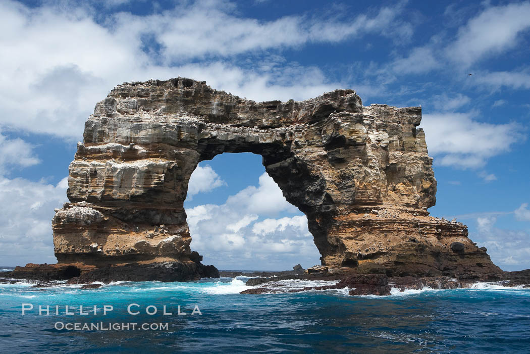 Darwin's Arch, a dramatic 50-foot tall natural lava arch, rises above the ocean a short distance offshore of Darwin Island. On June 10, 2021, Darwin's Arch broke and fell into the ocean, leaving behind two partial pillars. Galapagos Islands, Ecuador, natural history stock photograph, photo id 16621