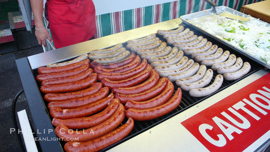Sausages on the grill, hot dogs, bratwurst, Del Mar Fair
