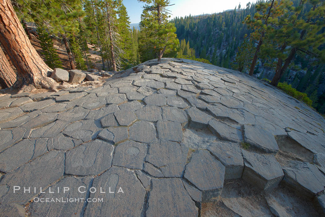 Devil's Postpile, a spectacular example of columnar basalt.  Once molten and under great pressure underground, the lava that makes up Devil's Postpile cooled evenly and slowly, contracting and fracturing into polygonal-sided columns.  The age of the formation is estimated between 100 and 700 thousand years old.  Sometime after the basalt columns formed, a glacier passed over the formation, cutting and polishing the tops of the columns.  The columns have from three to seven sides, varying because of differences in how quickly portions of the lava cooled. Devils Postpile National Monument, California, USA, natural history stock photograph, photo id 23287