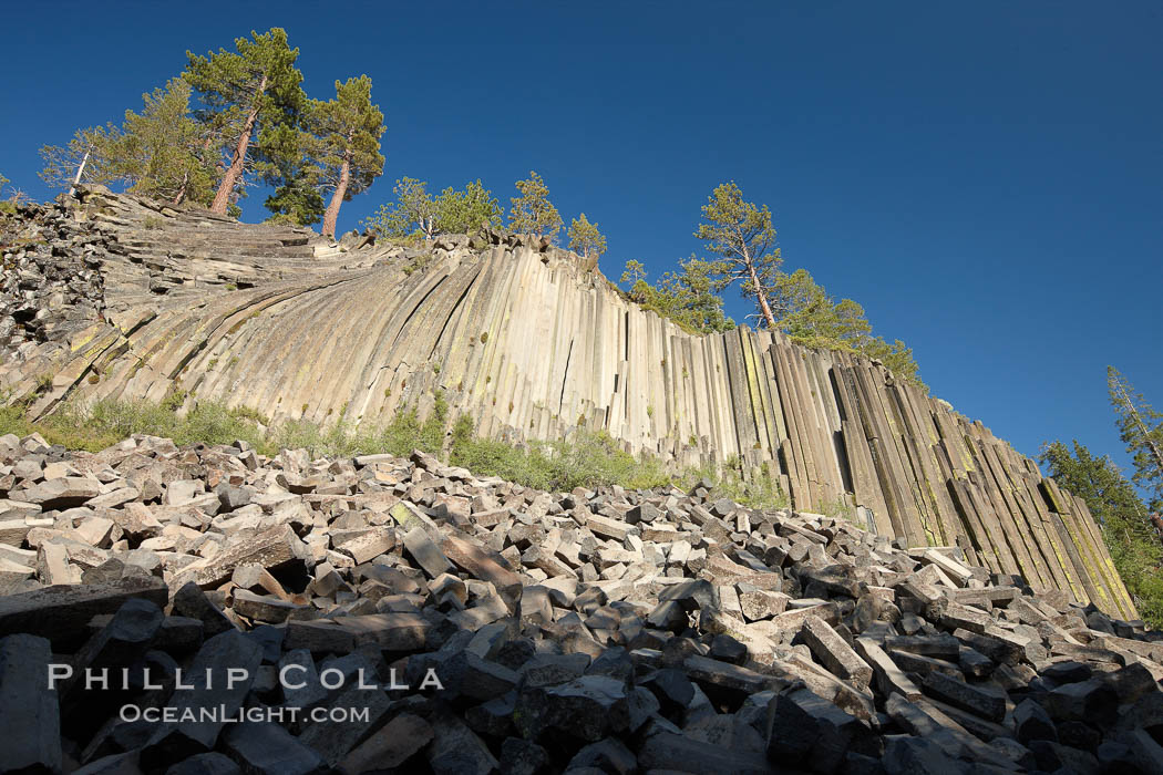 Devil's Postpile, a spectacular example of columnar basalt.  Once molten and under great pressure underground, the lava that makes up Devil's Postpile cooled evenly and slowly, contracting and fracturing into polygonal-sided columns.  The age of the formation is estimated between 100 and 700 thousand years old.  Sometime after the basalt columns formed, a glacier passed over the formation, cutting and polishing the tops of the columns.  The columns have from three to seven sides, varying because of differences in how quickly portions of the lava cooled. Devils Postpile National Monument, California, USA, natural history stock photograph, photo id 23281