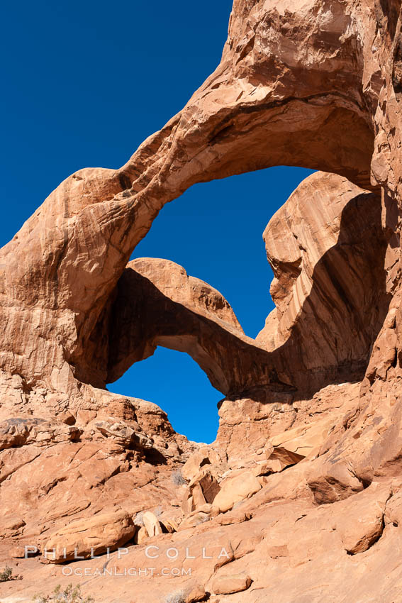 Double Arch, an amazing pair of natural arches formed in the red Entrada sandstone of Arches National Park. Utah, USA, natural history stock photograph, photo id 18178