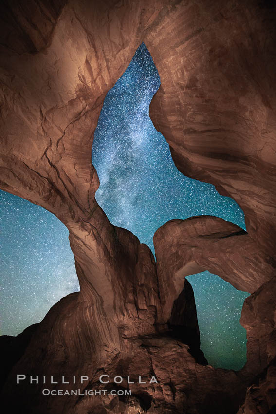 Double Arch and the Milky Way, stars at night. Arches National Park, Utah, USA, natural history stock photograph, photo id 27875