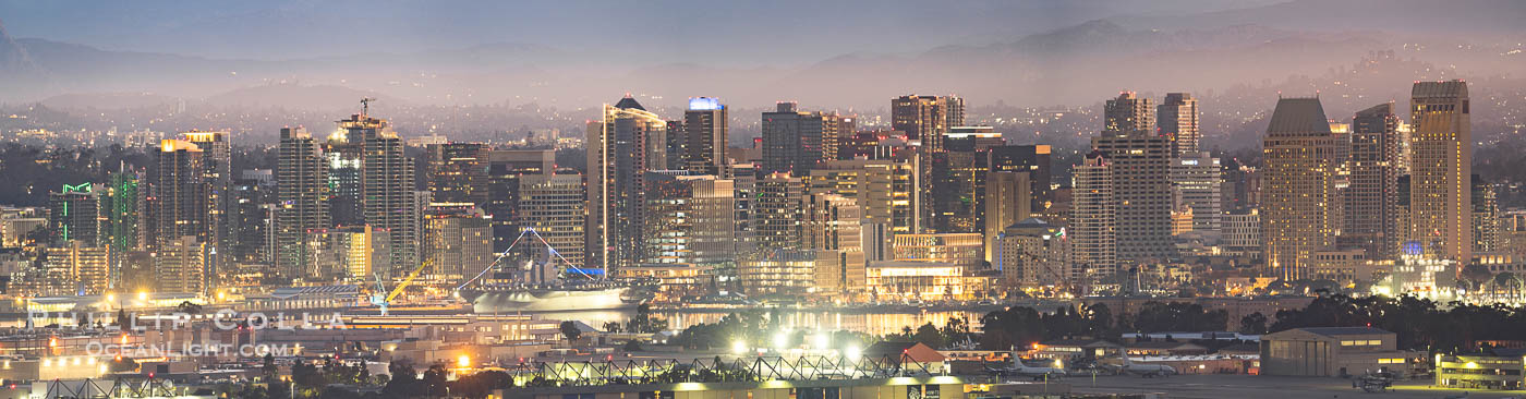 Downtown San Diego City Skyline Before Sunrise, a High Resolution Panorama with Distant Mountains and City Lights. California, USA, natural history stock photograph, photo id 40168