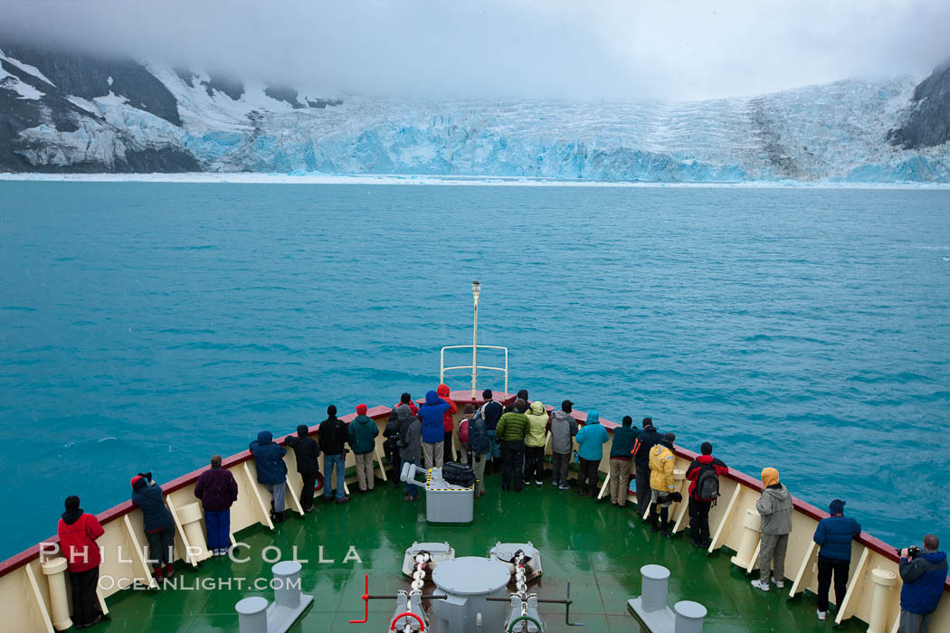 M/V Polar Star approaches Jenkins Glacier (left), Risting Glacier (center) and a third glacier (right) at the end of Drygalski Fjord. South Georgia Island, natural history stock photograph, photo id 24688