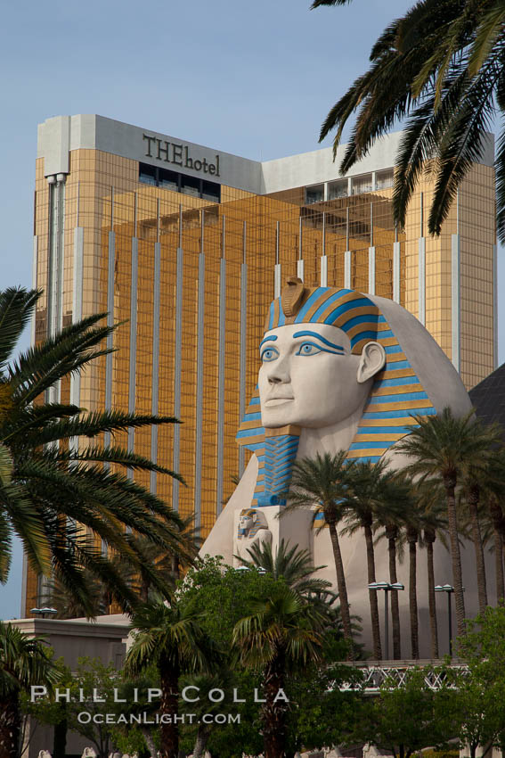 Egyptian Sphinx, replica, front entrance of the Luxor Hotel in Las Vegas, with theHotel (Mandalay Bay hotel) in the background. Nevada, USA, natural history stock photograph, photo id 25218