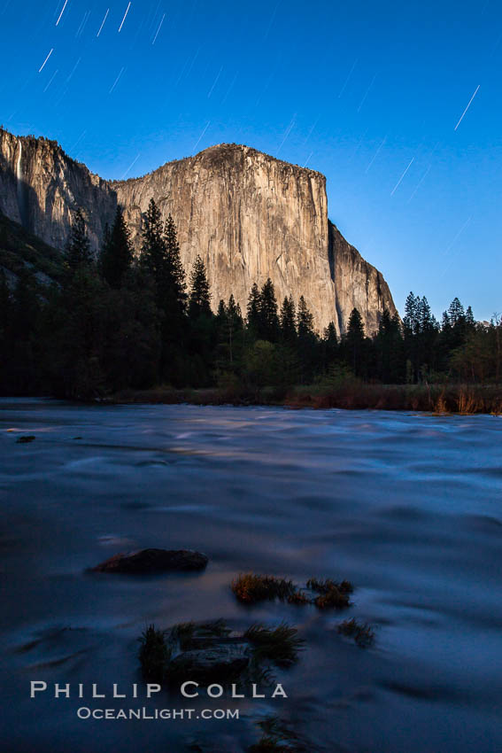 El Capitan and star trails, at night, illuminated by the light of the full moon. Yosemite National Park, California, USA, natural history stock photograph, photo id 27756