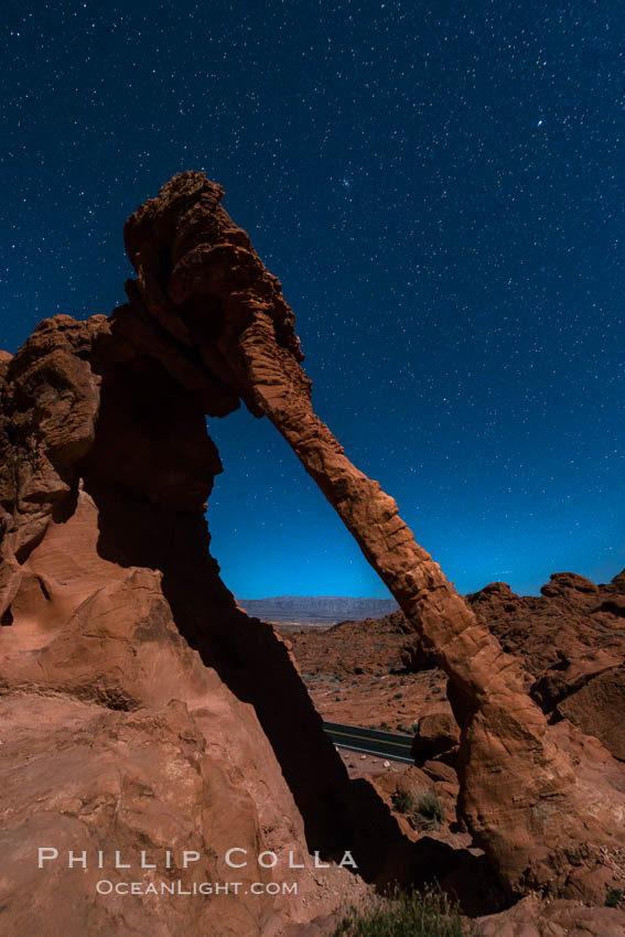 Elephant arch and stars at night, moonlight, Valley of Fire State Park. Nevada, USA, natural history stock photograph, photo id 28436