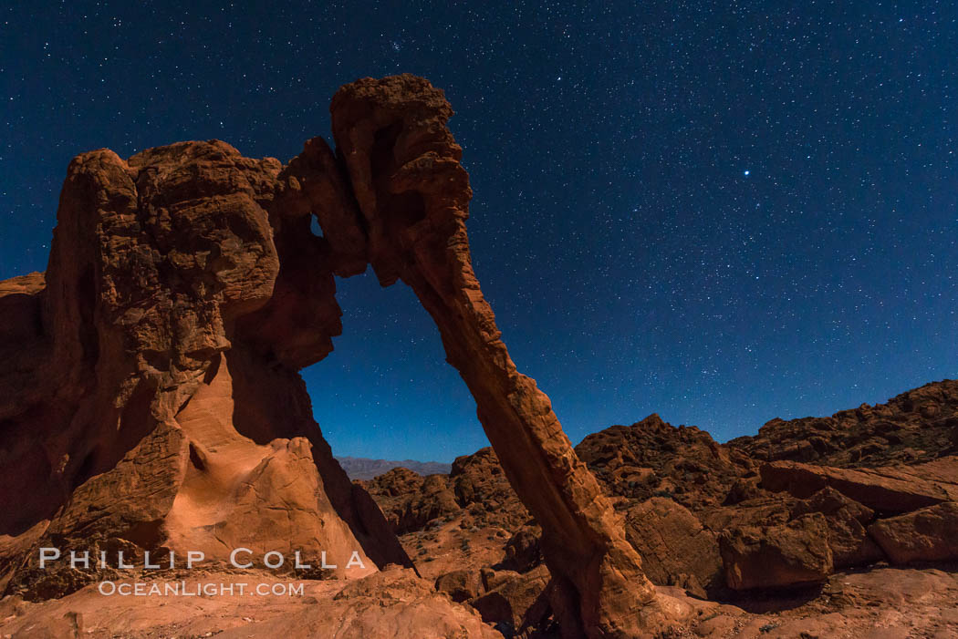 Elephant arch and stars at night, moonlight, Valley of Fire State Park