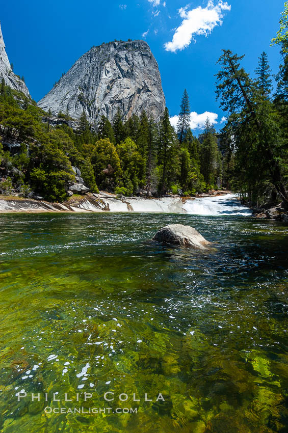 The Emerald Pool forms in the Merced River just above Vernal Falls.  Unfortunately, a few careless hikers have tried swimming in Emerald Pool only to be swept downstream and plunge over Vernals Falls to their deaths. Yosemite National Park, Spring. California, USA, natural history stock photograph, photo id 09204