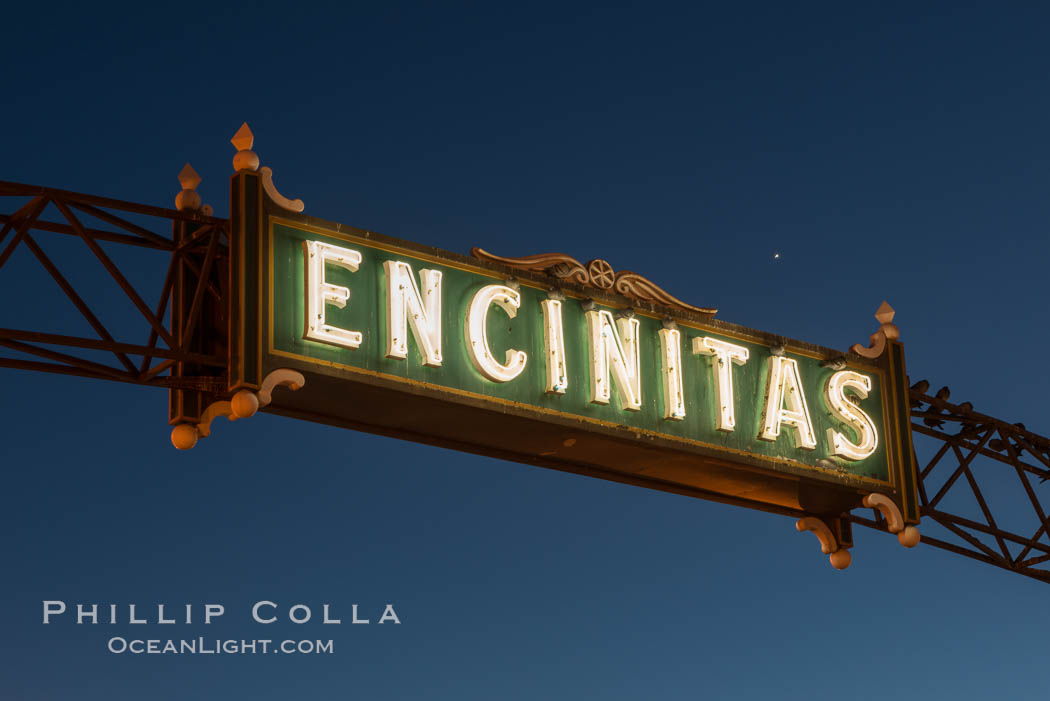 Encinitas city sign lit at night over Highway 101. California, USA, natural history stock photograph, photo id 28842
