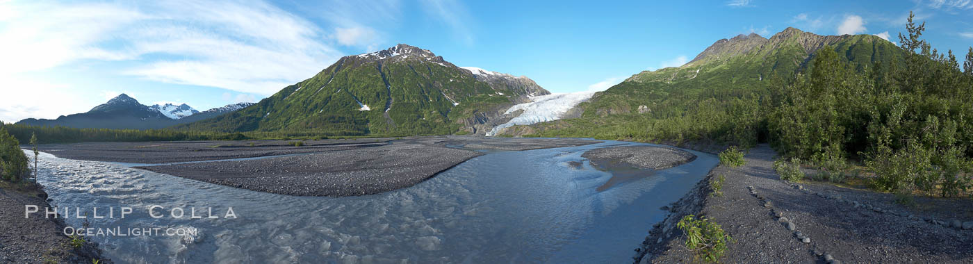 Panorama of Exit Creek, early morning, summer, as it washes over the flood plain below Exit Glacier. Kenai Fjords National Park, Alaska, USA, natural history stock photograph, photo id 19109