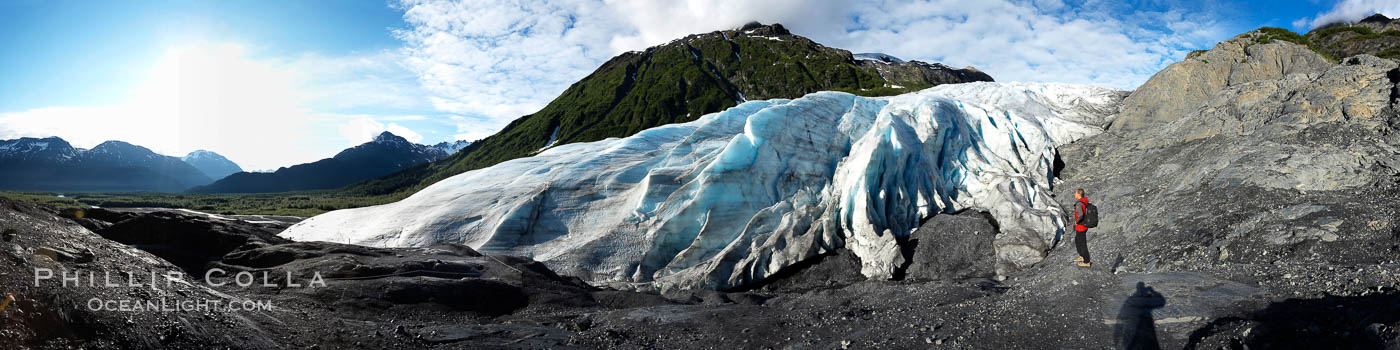 Self portrait, panorama of Exit Glacier.  Exit Glacier, one of 35 glaciers that are spawned by the enormous Harding Icefield, is the only one that can be easily reached on foot, Kenai Fjords National Park, Alaska
