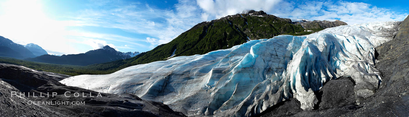 Panorama of Exit Glacier, the terminus of the glacier.  Exit Glacier, one of 35 glaciers that are spawned by the enormous Harding Icefield, is the only one that can be easily reached on foot. Kenai Fjords National Park, Alaska, USA, natural history stock photograph, photo id 19111