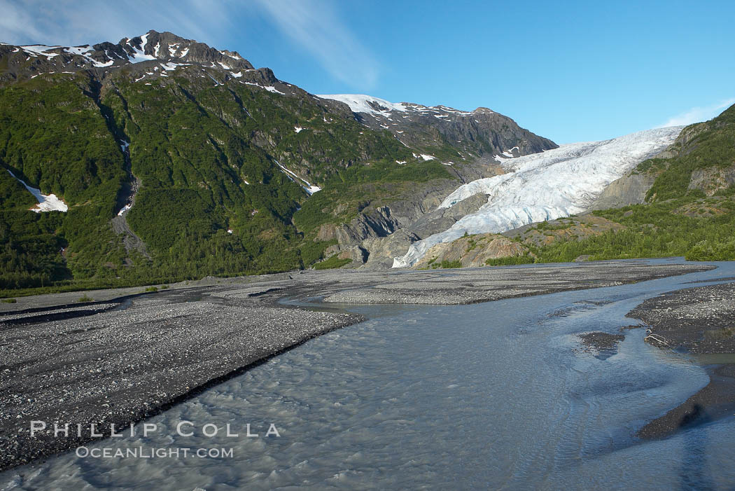 Exit Creek, the meltwaters of Exit Glacier, flow over the gravel plains over which the glacier has receded. Kenai Fjords National Park, Alaska, USA, natural history stock photograph, photo id 19271