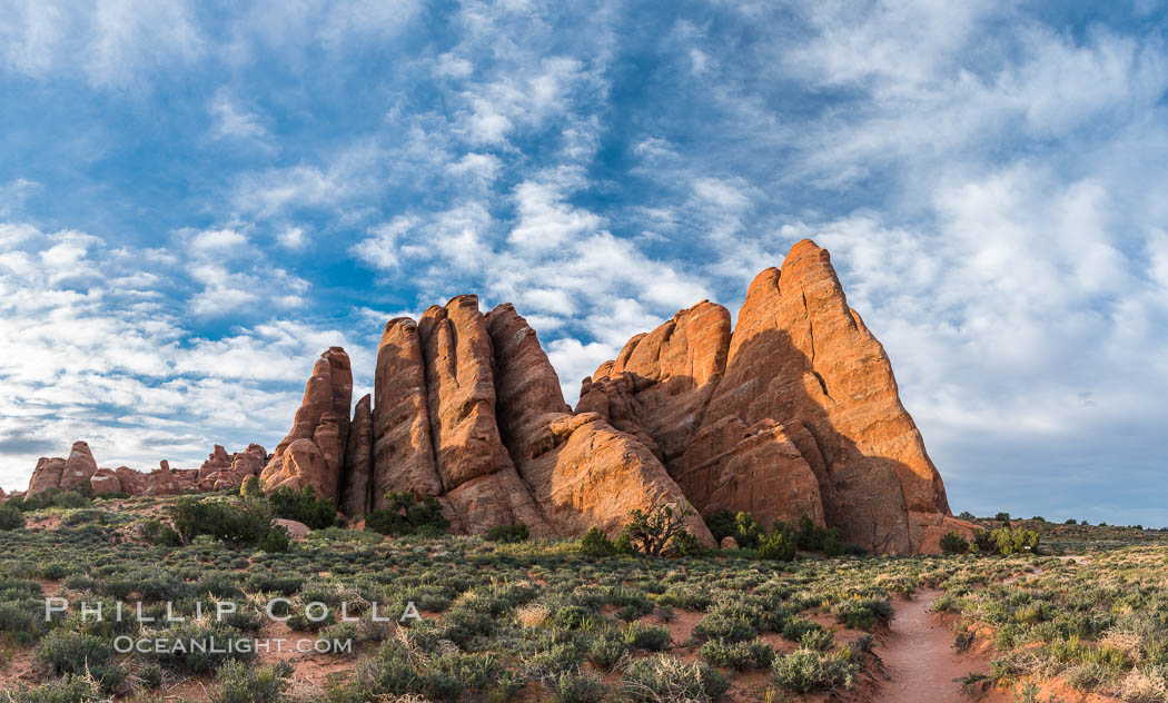 Sandstone fins stand on edge.  Vertical fractures separate standing plates of sandstone that are eroded into freestanding fins, that may one day further erode into arches. Arches National Park, Utah, USA, natural history stock photograph, photo id 29256