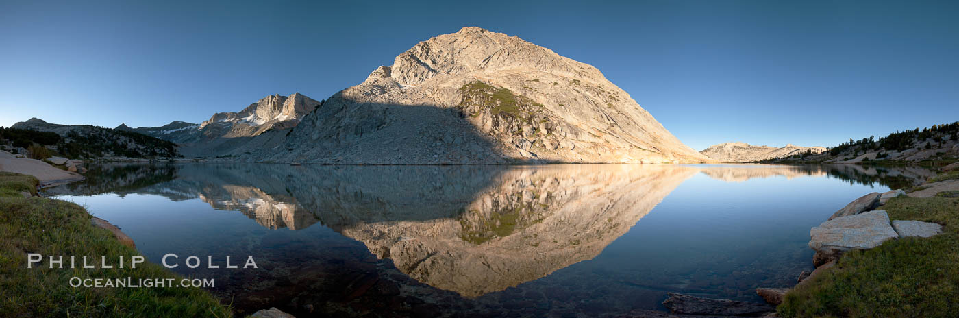 Fletcher Peak (11410') reflected in Townsley Lake, at sunrise, panoramic view. Yosemite National Park, California, USA, natural history stock photograph, photo id 25752