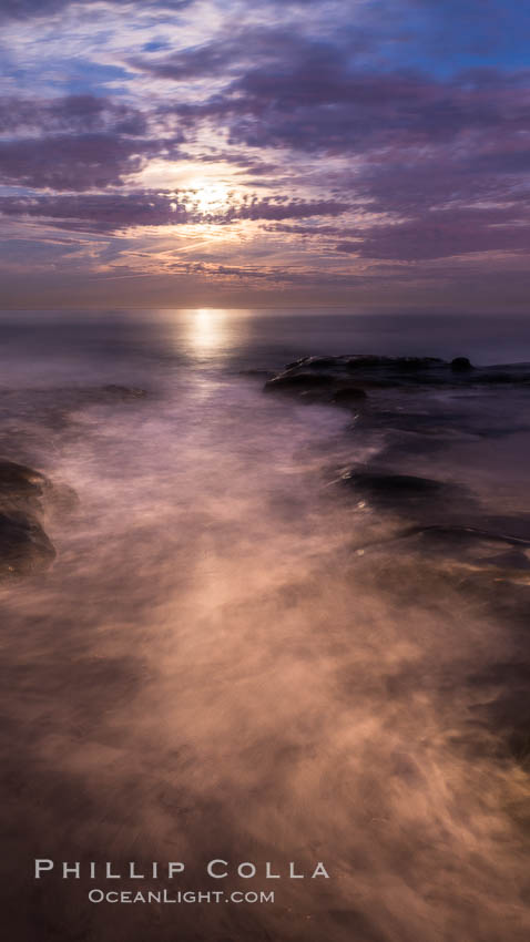 Breaking waves crash upon a rocky reef under the light of a full moon. La Jolla, California, USA, natural history stock photograph, photo id 28868