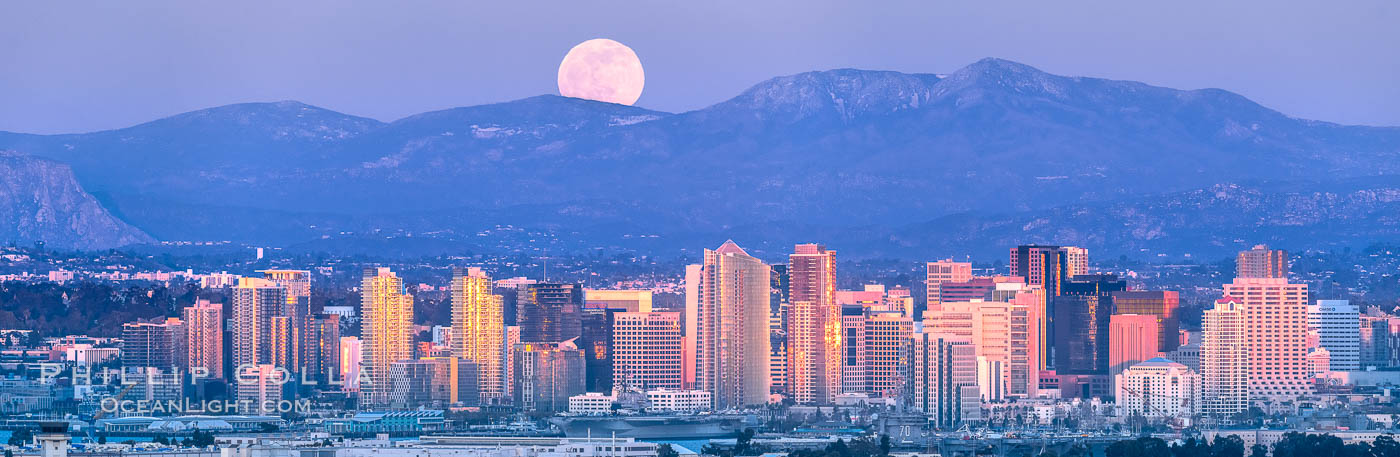 Full Moon Rises over the San Diego City Skyline and Mount Laguna, viewed from Point Loma, panoramic photograph. California, USA, natural history stock photograph, photo id 36634