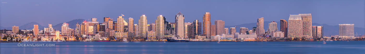 San Diego City Skyline at Dusk with City Lights viewed from Harbor Island. California, USA, natural history stock photograph, photo id 29119