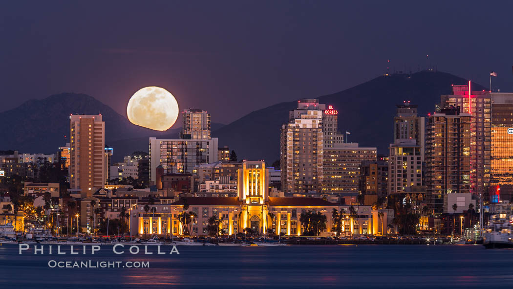 Full Moon rising over San Diego City Skyline, viewed from Harbor Island