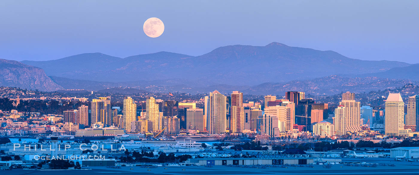 Full Moon Rises over San Diego City Skyline, viewed from Point Loma, panoramic photograph. The mountains east of San Diego can be clearly seen when the air is cold, dry and clear as it is in this photo.  Mount Laguna is the peak rising in the distance. California, USA, natural history stock photograph, photo id 37501