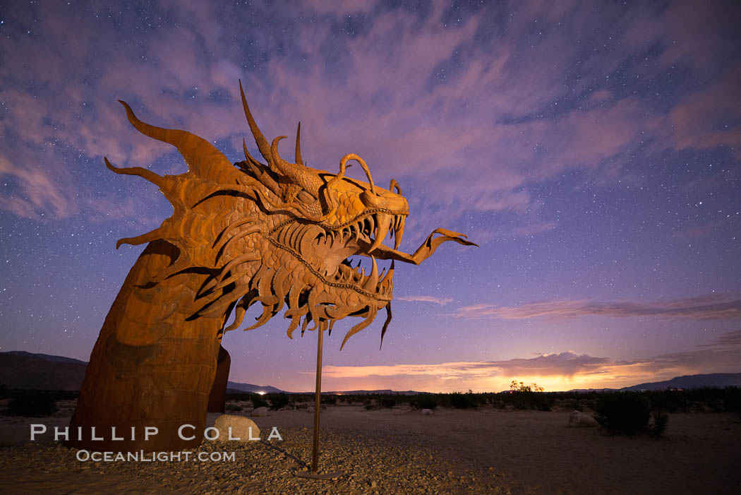350-foot long sea serpent, a work of art in Borrego Springs by Ricardo Breceda, sunset, Galleta Meadows