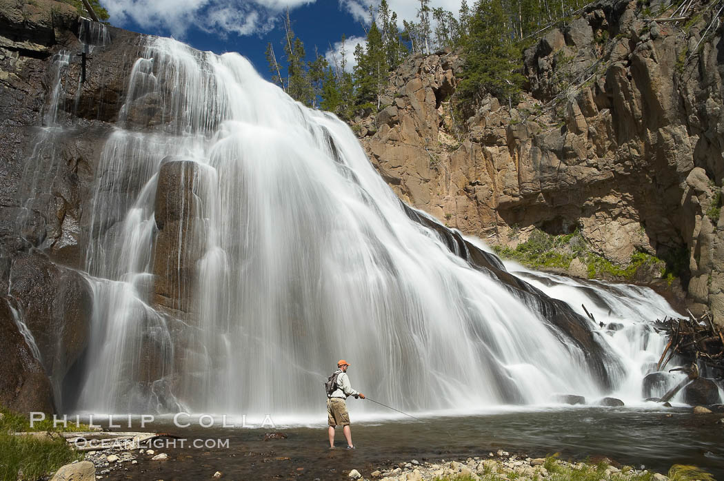 Fly fishing below Gibbon Falls. This flyfisherman hiked up the Gibbon River to reach the foot of Gibbon Falls, Yellowstone National Park, Wyoming