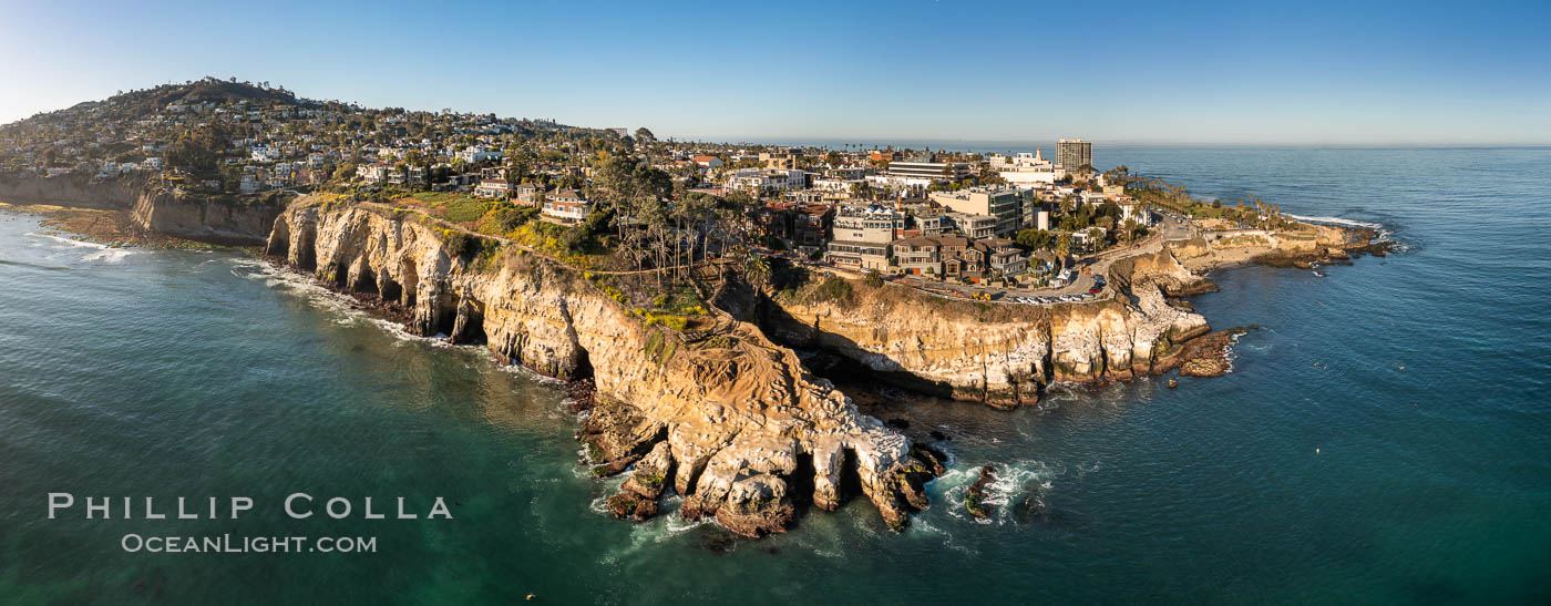 Goldfish Point and La Jolla Sea Caves, early morning, aerial photo. California, USA, natural history stock photograph, photo id 38175