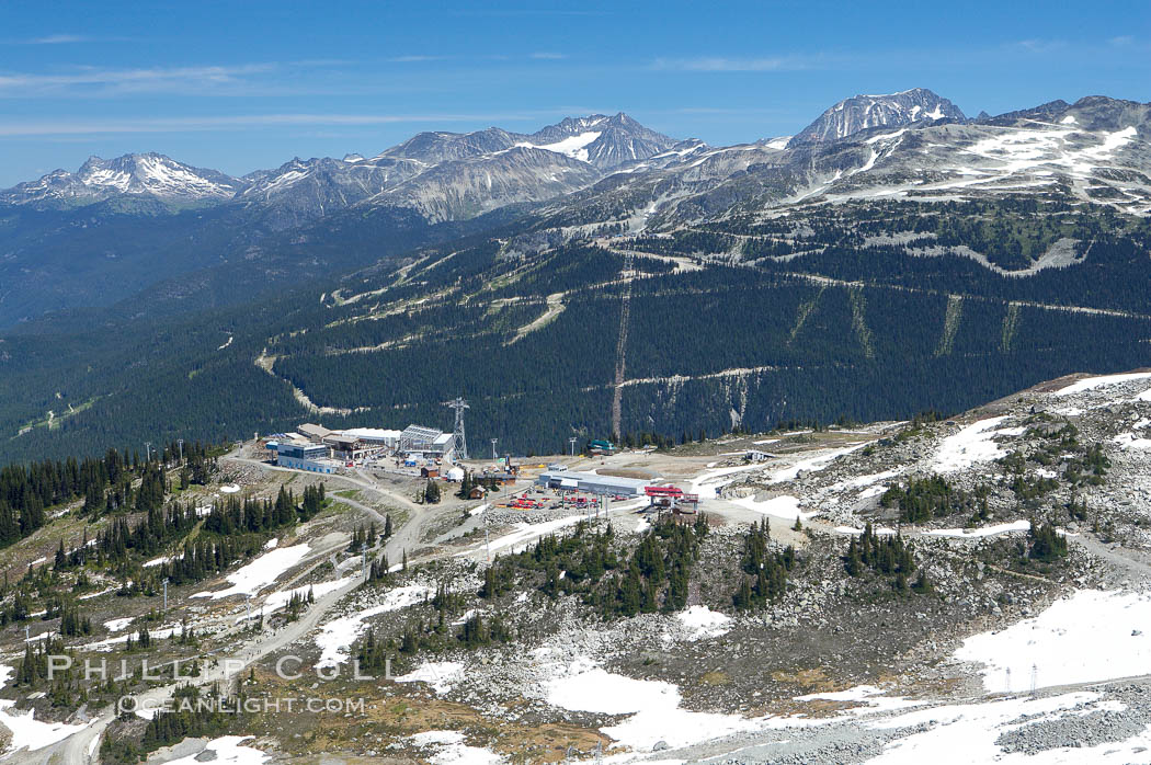 Gondola station viewed from the summit of Whistler Mountain, with Blackcomb Mountain in the distance on the right. British Columbia, Canada, natural history stock photograph, photo id 21020