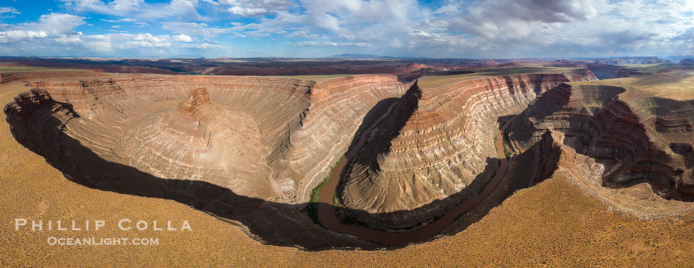 Goosenecks on the San Juan River near Lime Ridge, Utah. Deep canyons formed by the San Juan River near Mexican Hat are seen in this aerial panoramic photo. USA, natural history stock photograph, photo id 39487