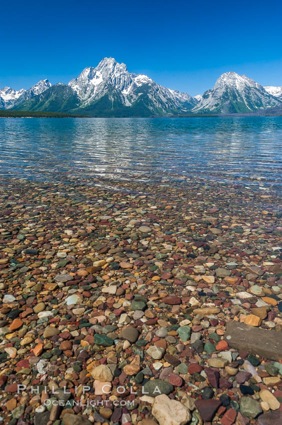 Rocky shallows in Jackson Lake with Mount Moran in the background. Grand Teton National Park, Wyoming, USA, natural history stock photograph, photo id 07410
