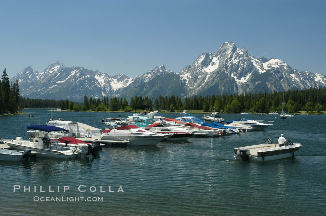 Colter Bay Marina on Jackson Lake with Mount Moran in the distance. Grand Teton National Park, Wyoming, USA, natural history stock photograph, photo id 07435