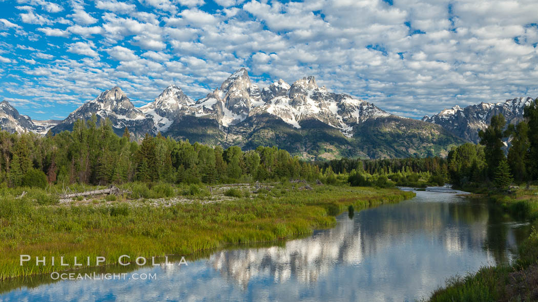 The Grand Tetons, reflected in the glassy waters of the Snake River at Schwabacher Landing, on a beautiful summer morning. Grand Teton National Park, Wyoming, USA, natural history stock photograph, photo id 26930