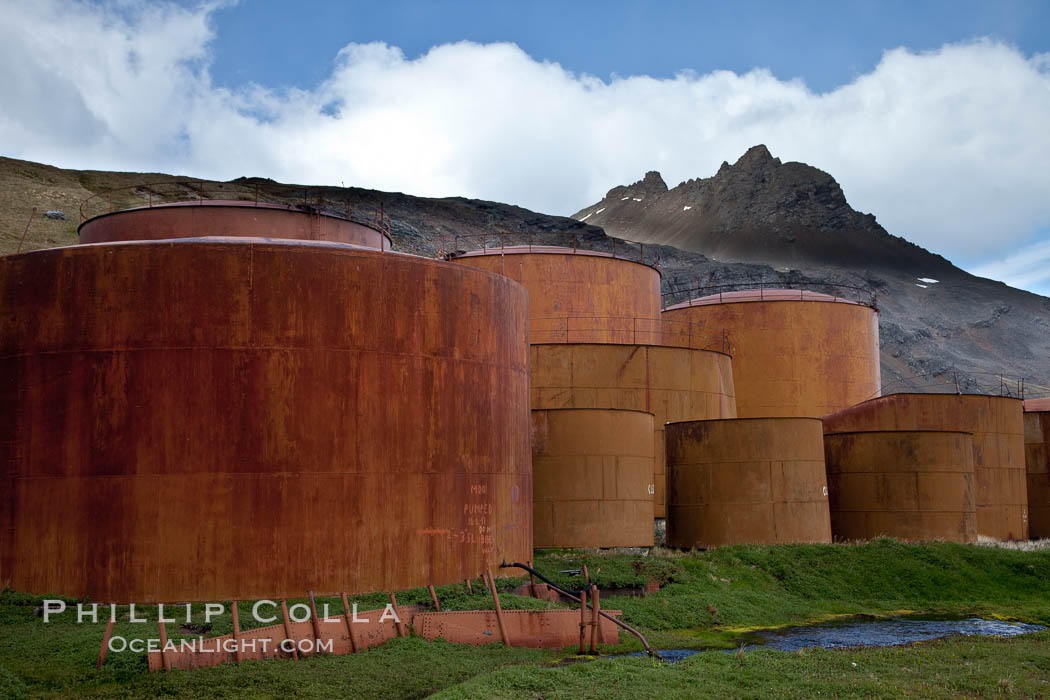 Grytviken whale station, abandoned storage tanks